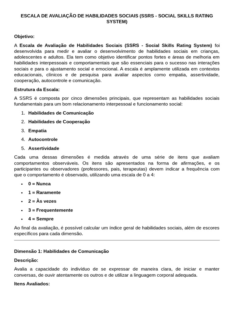 Avaliação de Habilidades Sociais (SSRS) | PDF | Empatia | Comunicação