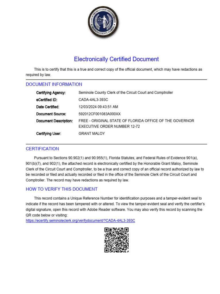 Certified Copy of Original State of Florida Office of The Governor ...