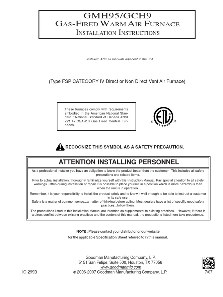 Goodman GMH95 GCH9 Furnace Installation Instructions Instructions PDF