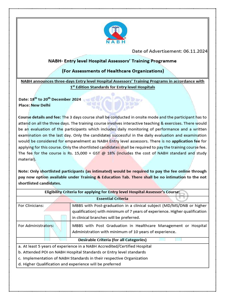 NABH Entry Level Hospital Assessor Training Program December 2024 PDF