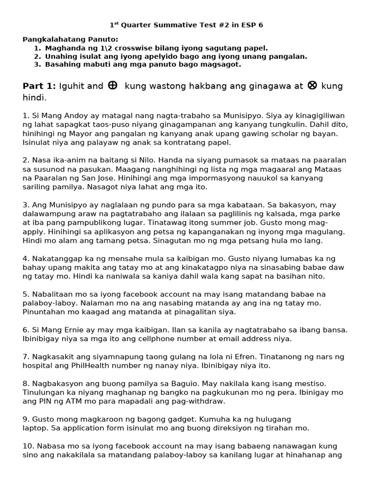 1st Quarter Esp Summative Test No 2 Pdf