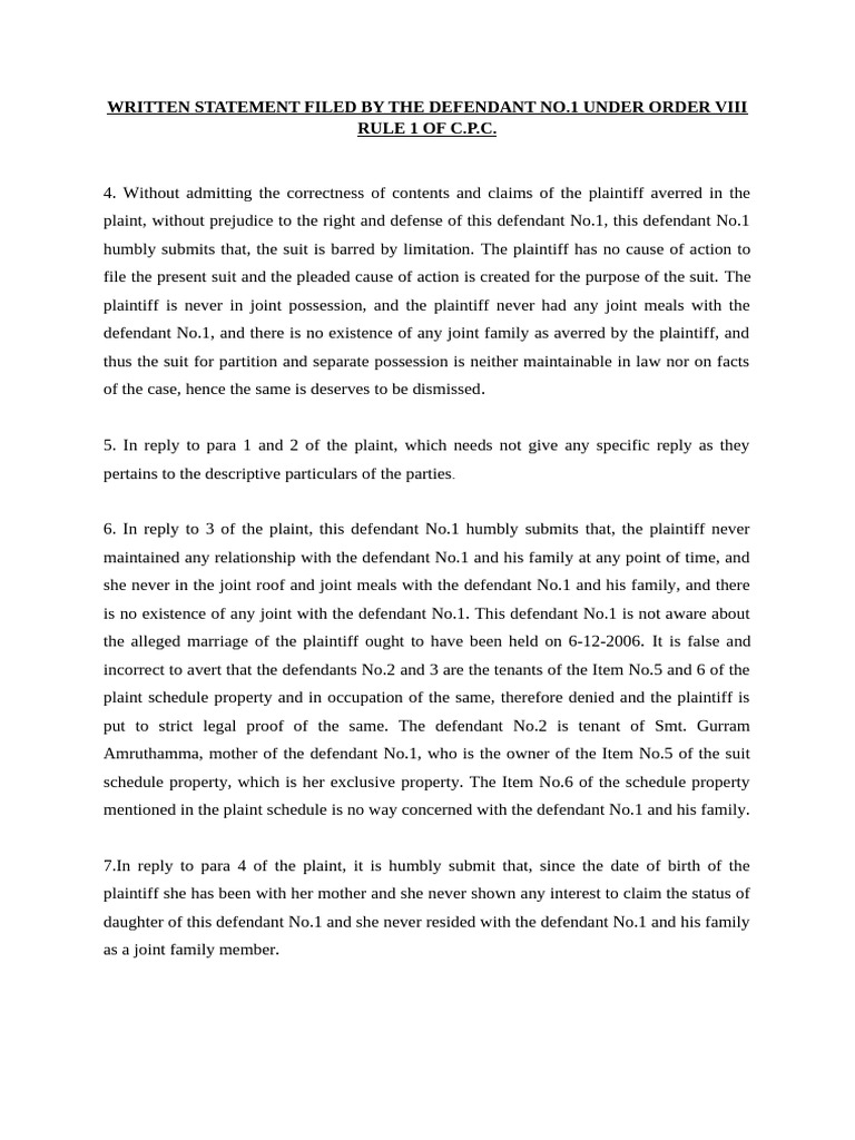 Written Statement Filed by The Defendant No.1 Under Order Viii Rule 1 ...