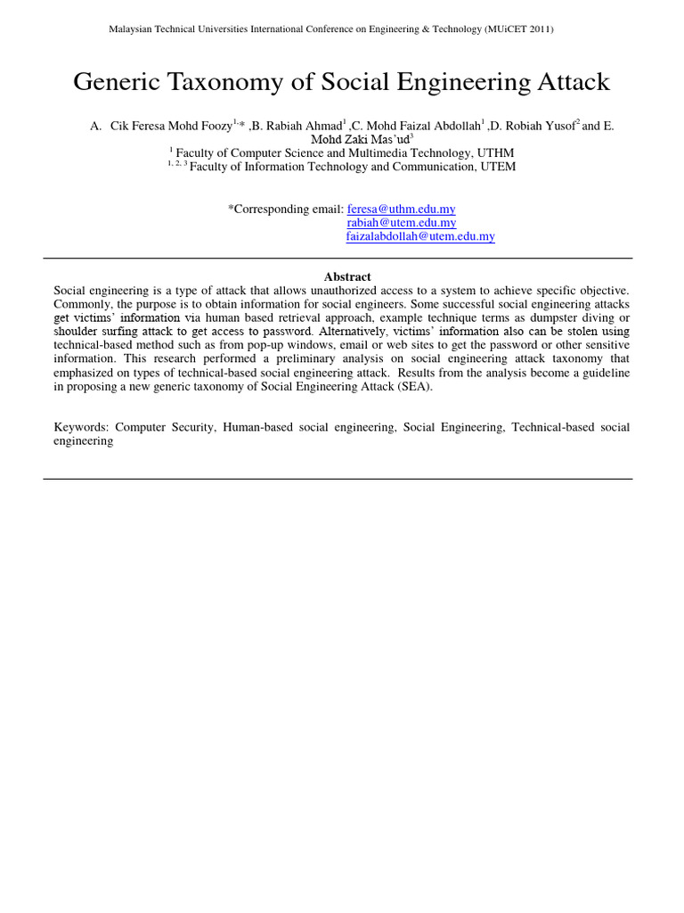 Generic Taxonomy of Social Engineering A | PDF | Phishing | Social ...