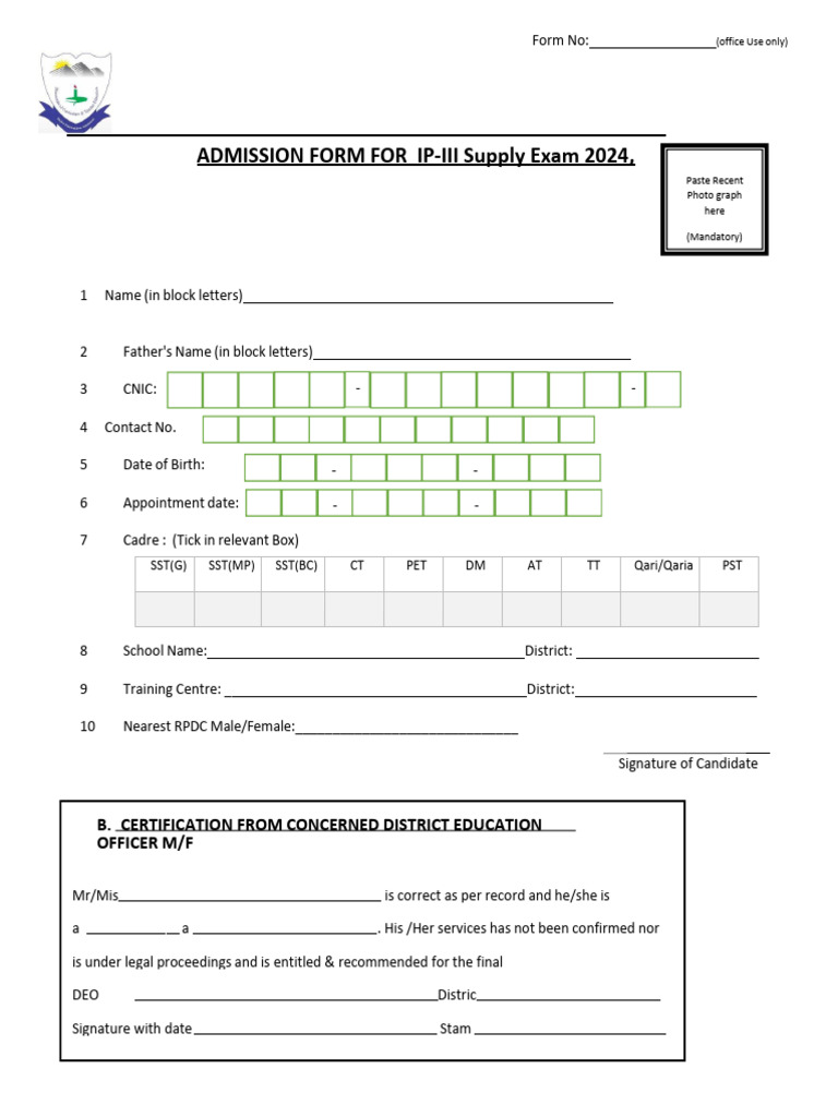 IP 3 Supply Exam 2024 Admission Form | PDF