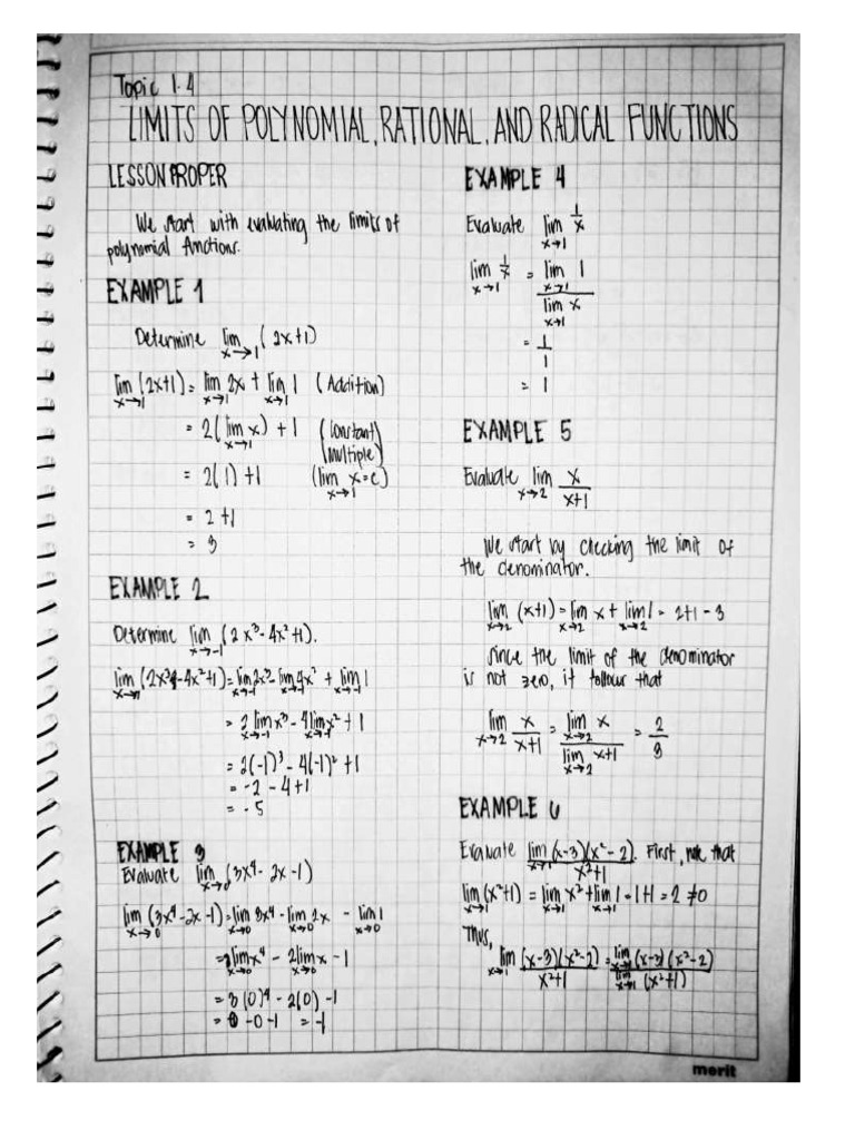 Calculus examples of limits of polynomial rational and radical