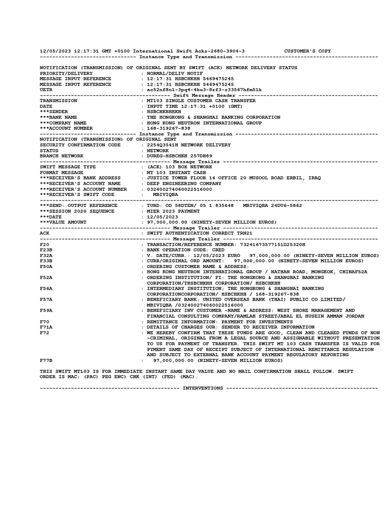 SWIFT MT103 Cash Transfer Notification | PDF | Transmission Control ...