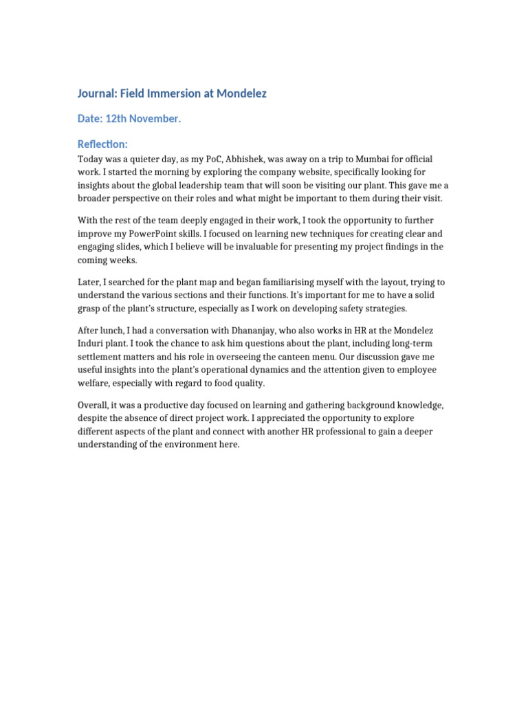 12november Priyansh - Journal - Field - Immersion - Mondelez | PDF