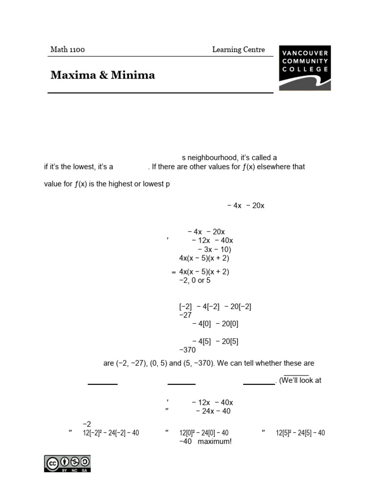 Math1100-MaximaAndMinima | PDF | Mathematical Analysis | Mathematical ...