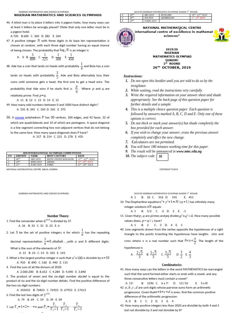 Nigerian Mathematics Olympiad 2019/20 | PDF | Mathematics | Euclidean ...