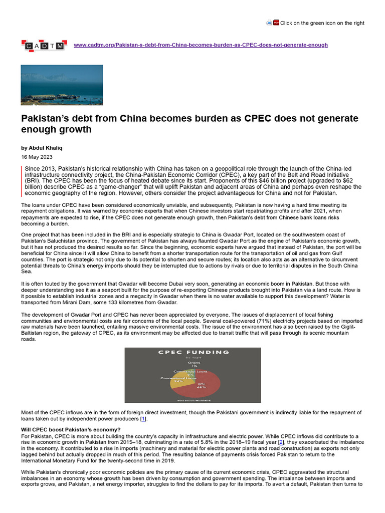 Pakistan's Debt From China Becomes Burden As CPEC Does Not Generate ...
