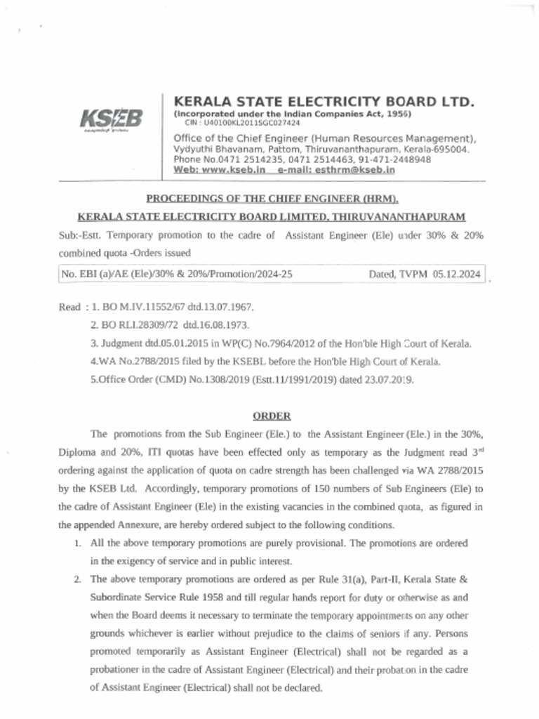 KSEB Promotion Order for Engineers 2024-25 | PDF | Electrical ...