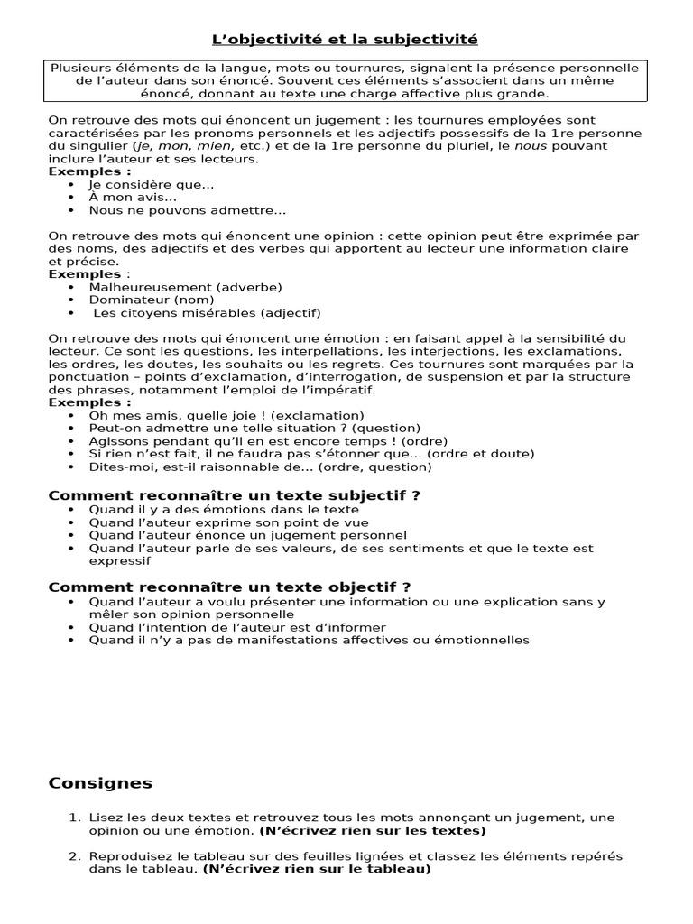 Objectivité et subjectivité en écriture | PDF | Phrase | Typologie ...