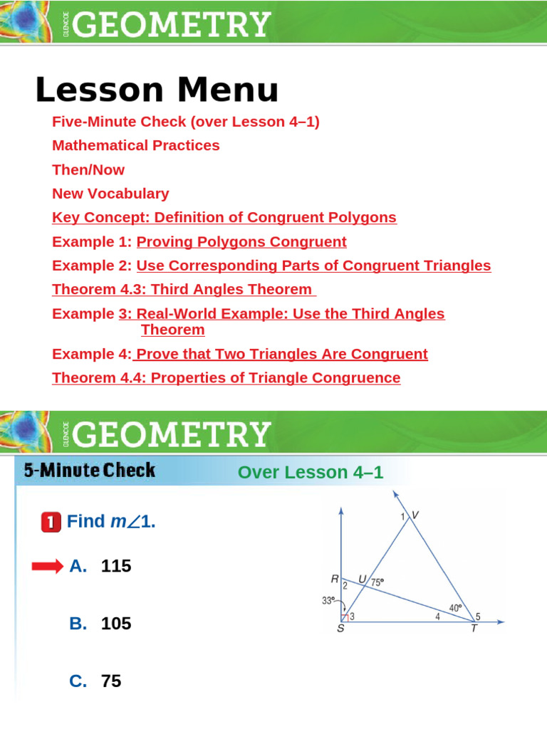 4-2 Lesson Presentation Congruent Triangles | PDF | Triangle | Geometry