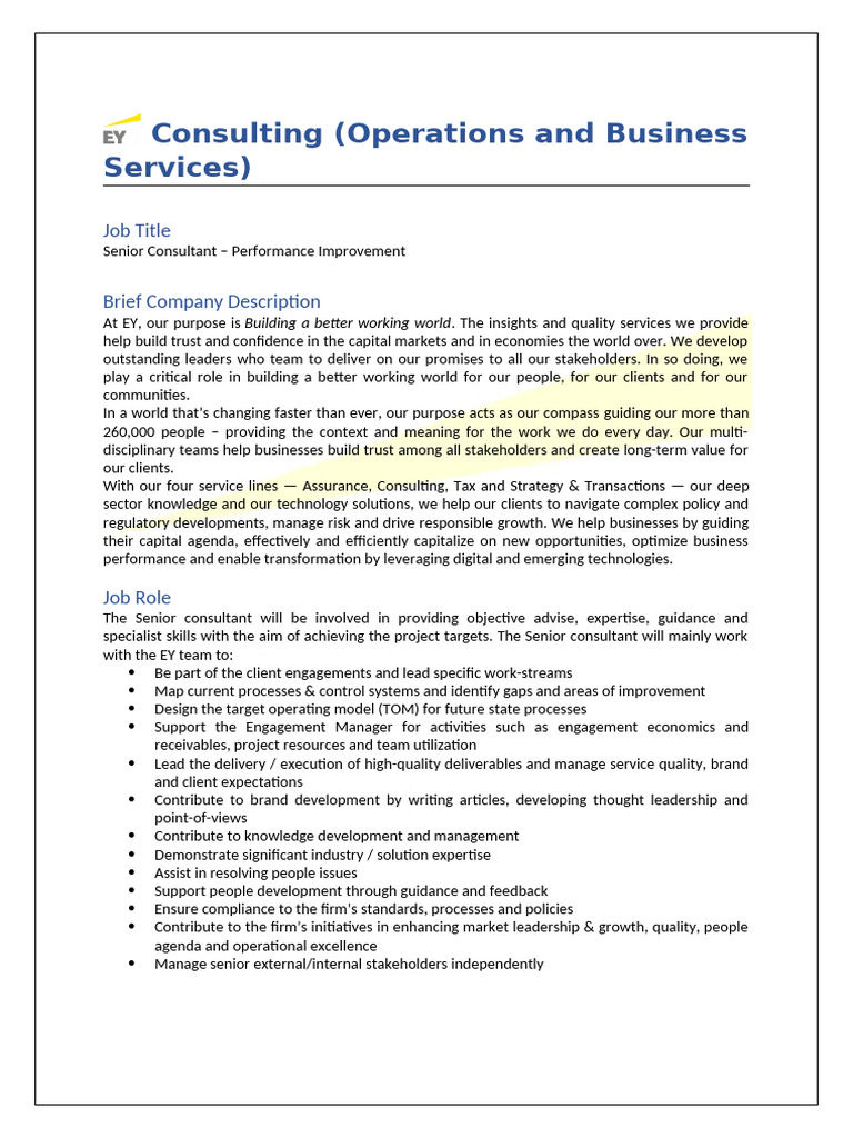 Senior Consultant - Performance Improvement | PDF | Consultant ...