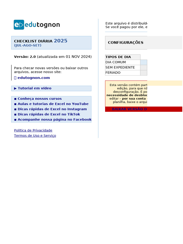 Checklist Diária 2025: Configurações e Tipos de Dia | PDF | Microsoft ...
