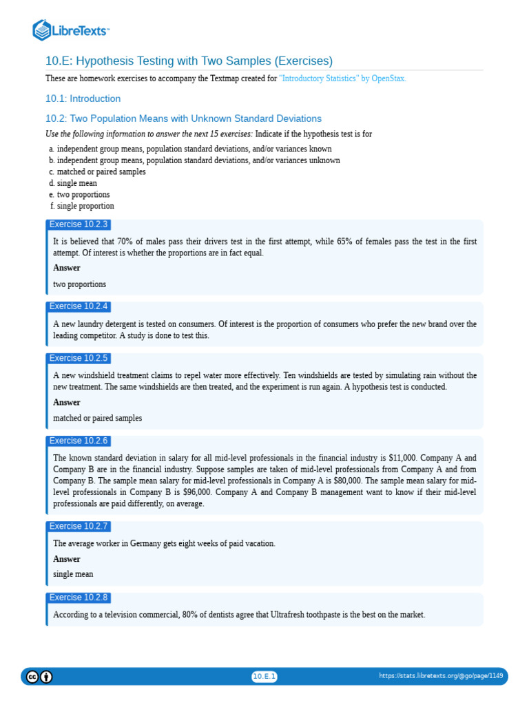 10.E Hypothesis Testing With Two Samples (Exercises) | PDF | P Value ...
