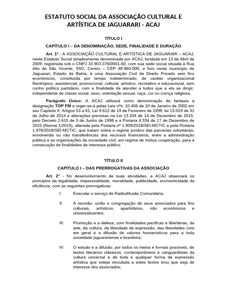 Estatuto da Associação Cultural ACAJ | PDF | Conselho de Segurança das ...