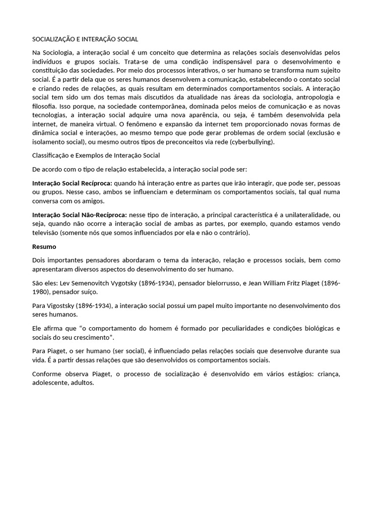 Interação Social: Conceitos e Impactos | PDF | Sociologia | Sociedade