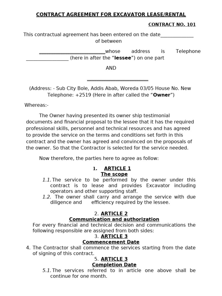 Excavator Lease Agreement Contract | PDF | Lease | Common Law