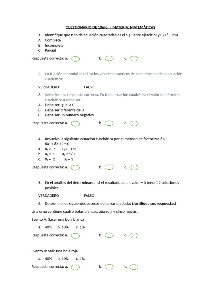 CUESTIONARIO DE MATEMÁTICAS 10mo | PDF | Probabilidad | Ecuaciones