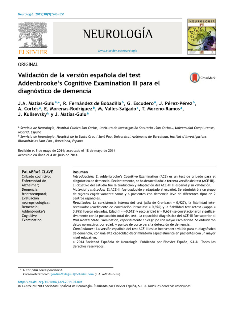 Validación del ACE-III en español | PDF | Especialidades Medicas | Medicina