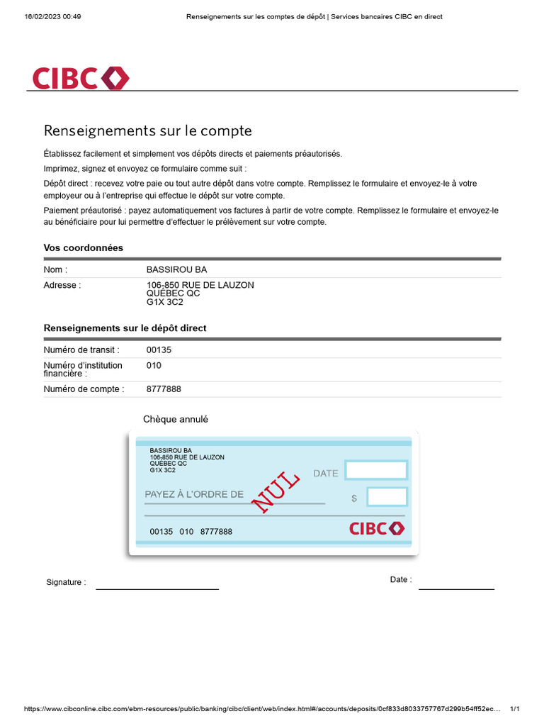 Renseignements sur le dépôt direct CIBC | PDF