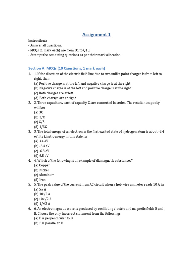 Physics Assignment: MCQs & Short Answers | PDF | Electromagnetic ...