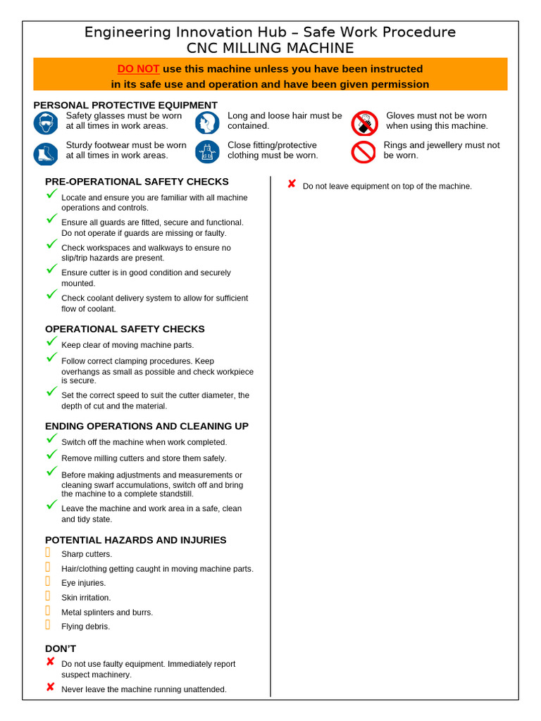 CNC Milling Machine Safety Guidelines | PDF | Personal Protective ...