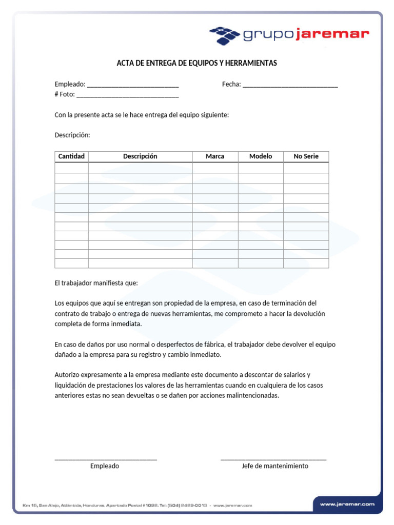 Acta de Entrega de Equipos y Herramientas | PDF