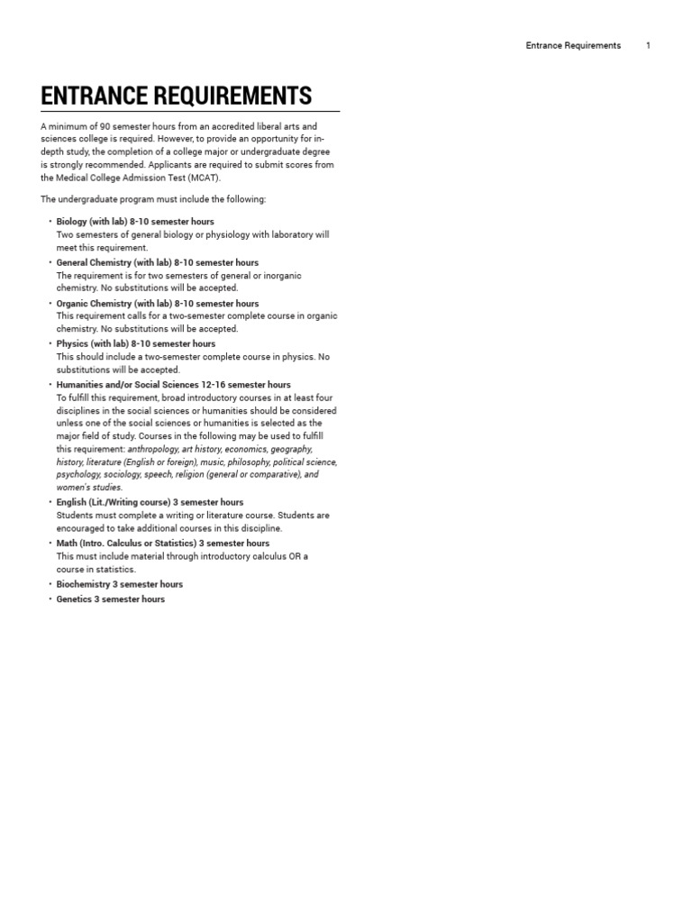 Medical School Entrance Requirements | PDF