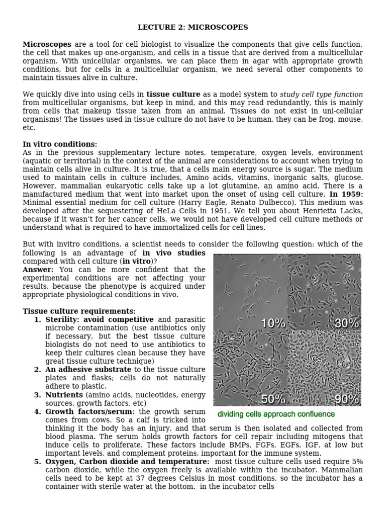 LECTURE 2 NOTES - Microscopes and Tissue Culture - MCDB 165A | PDF ...
