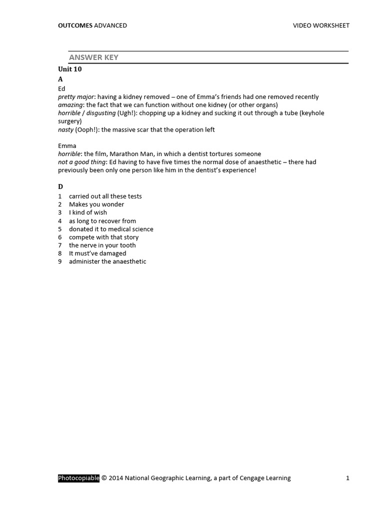 Outcomes Advanced Unit 10 Answer Key With Completed Script 9 Nov 12 | PDF
