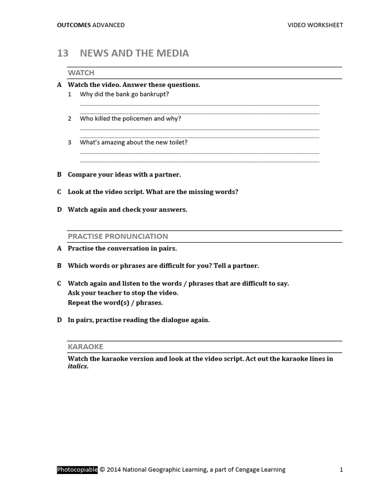 Outcomes Advanced Worksheets Unit 13 8 Nov 12 | PDF