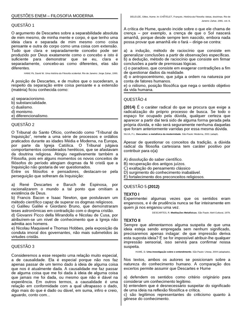 Questões de Filosofia Moderna ENEM | PDF | Nicolau Copérnico | David Hume