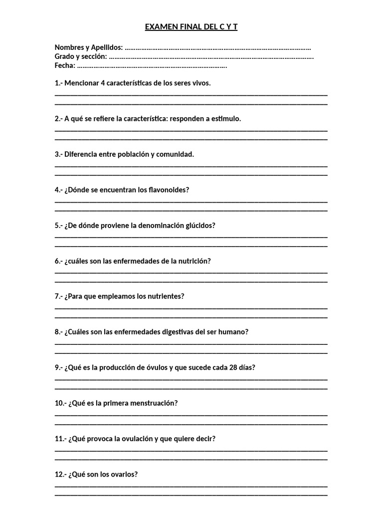 Examen Final de Ciencias y Tecnología | PDF