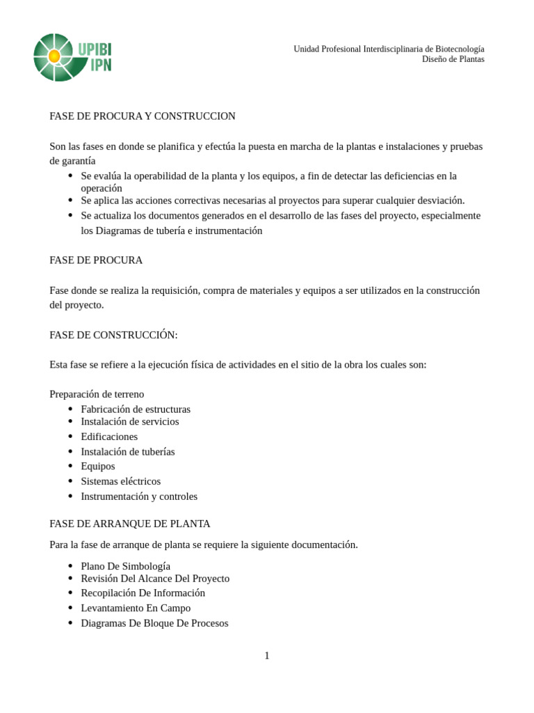Fases de Procura y Construcción de Plantas | PDF | Agua | Diseño