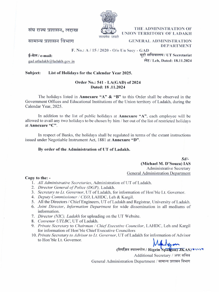 Ladakh Union Territory List of Holidays 2025 PDF