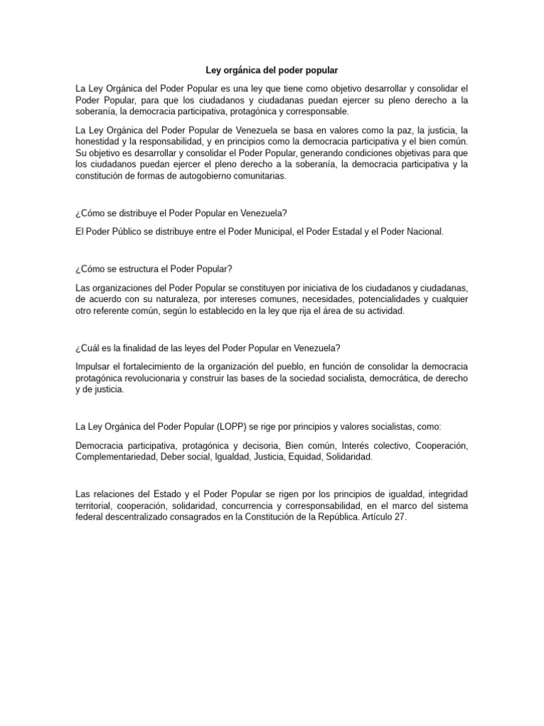 Ley Orgánica Del Poder Popular | PDF