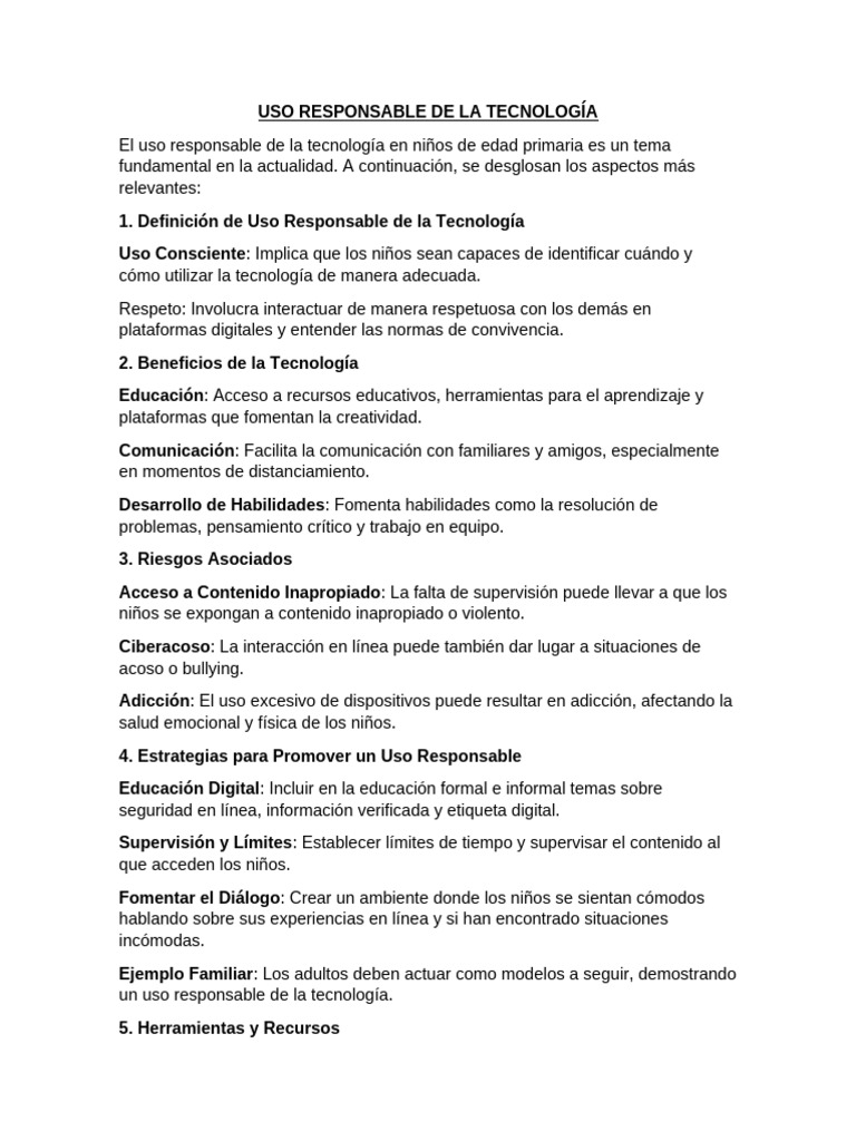 El Uso Responsable de La Tecnología en Niños de Edad Primaria Es Un ...