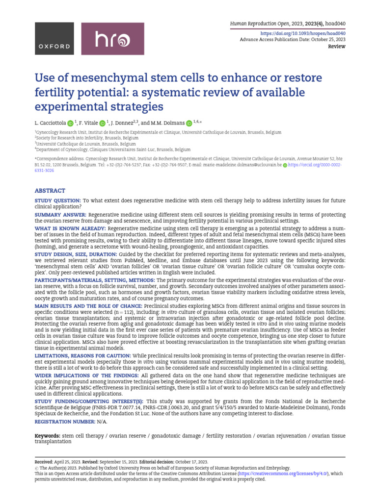 Stem Cell Therapy for Fertility Restoration | PDF | Mesenchymal Stem ...