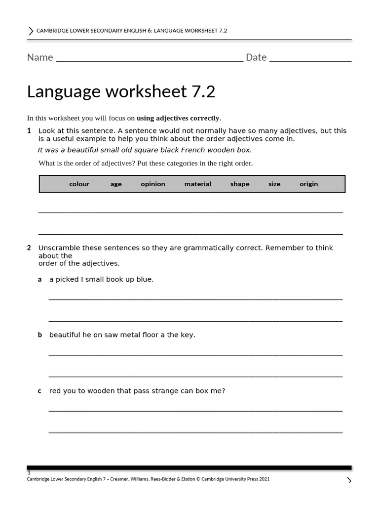 Adjective Order and Usage Worksheet | PDF | English Language | Adjective