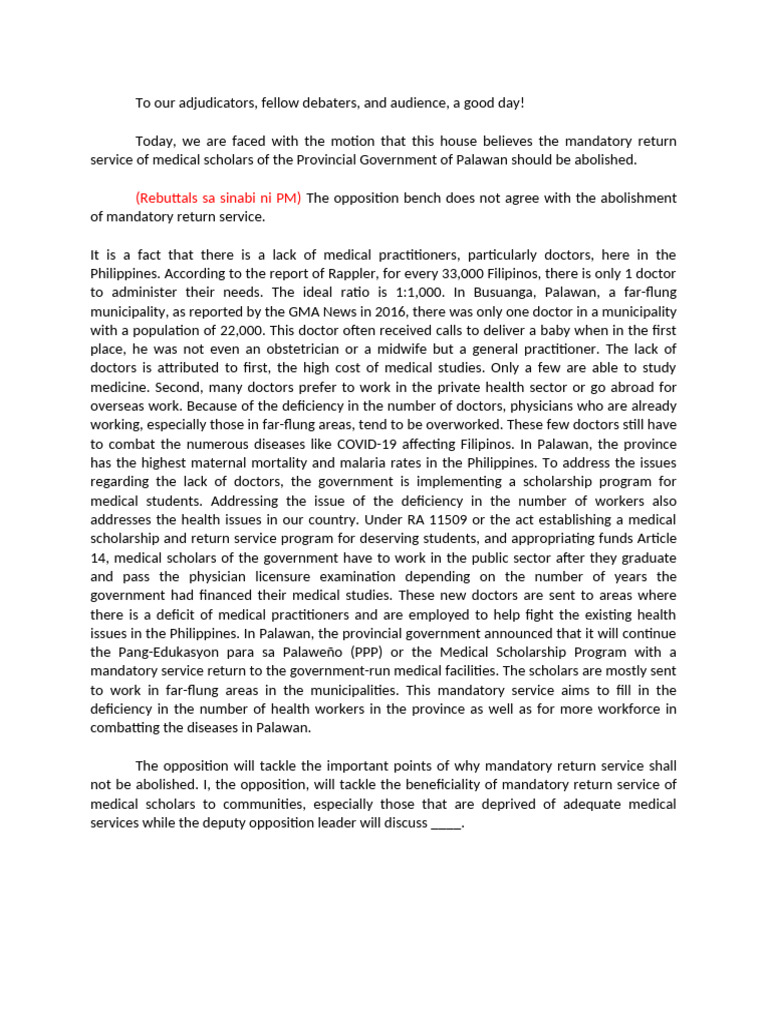 DEBATE - Mandatory Return Service | PDF | Physician | Philippines