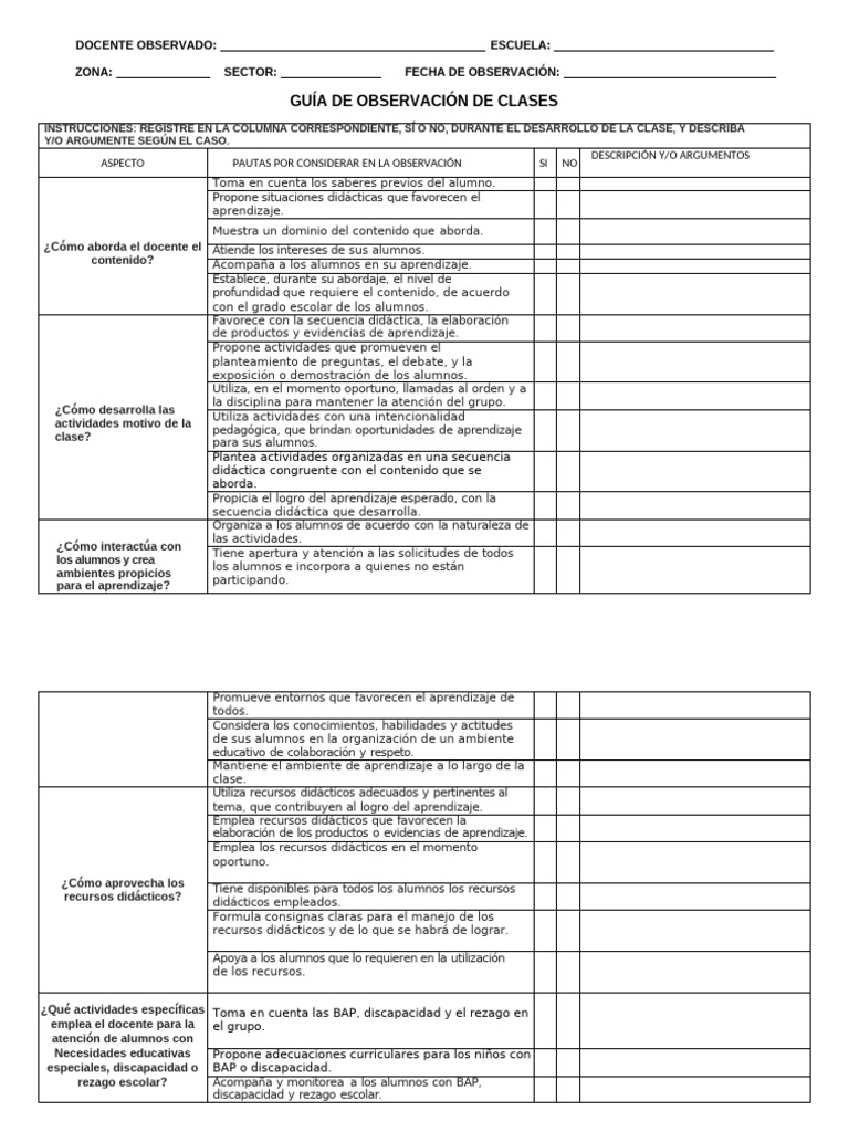 Guía de Observación Docente en Clases | PDF | Aprendizaje | Maestros