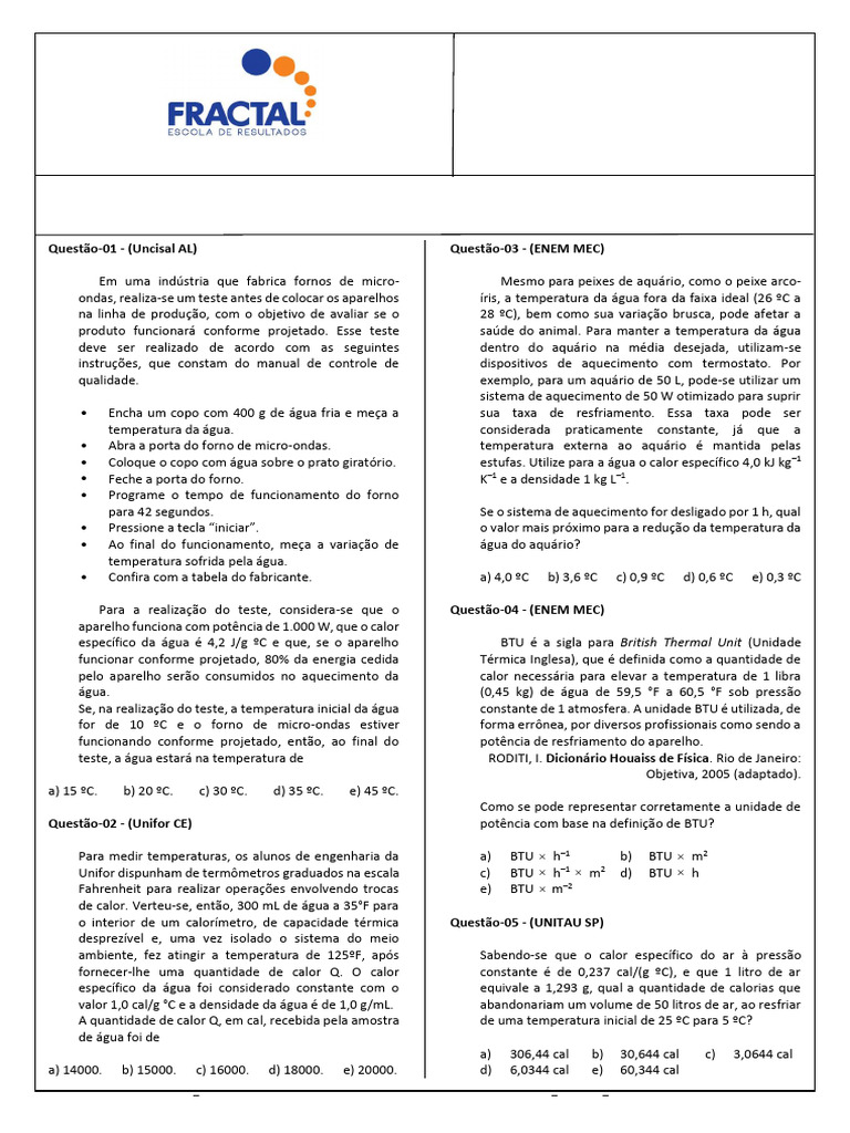 Atividades de Calorimetria e BTU | PDF | Calor | Temperatura