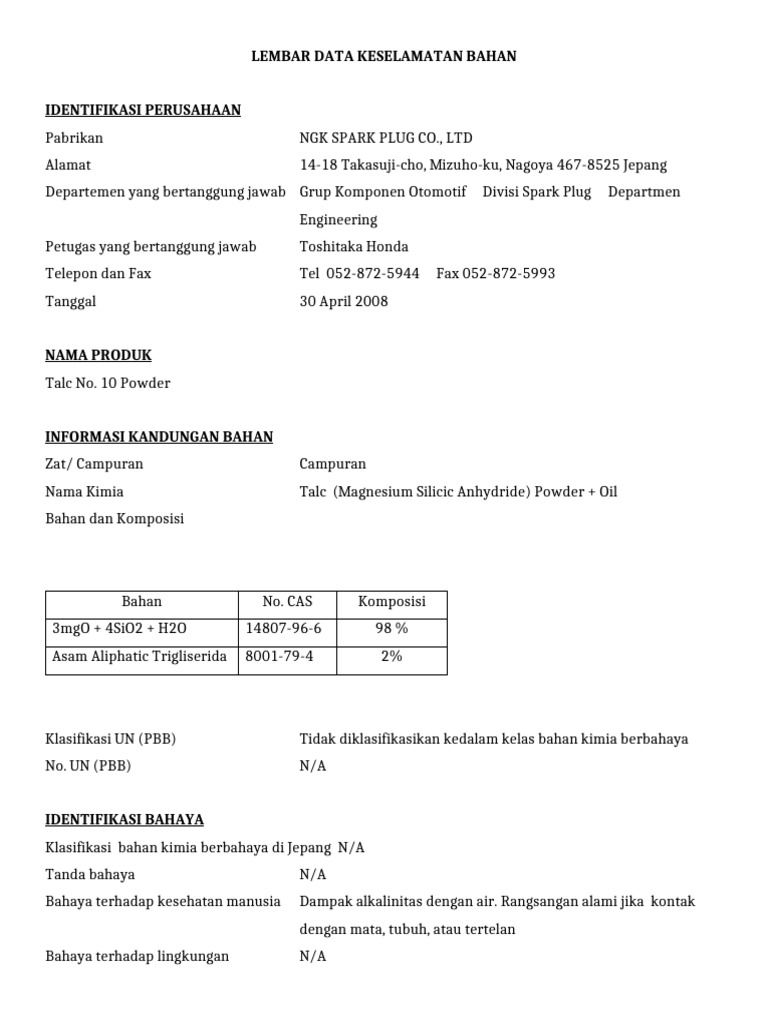 MSDS Talc Powder No. 10 | PDF
