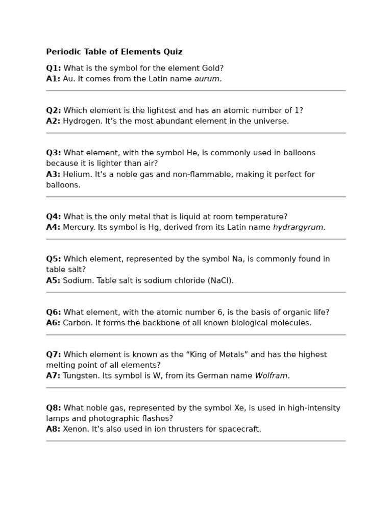 Periodic table of elements quiz pdf