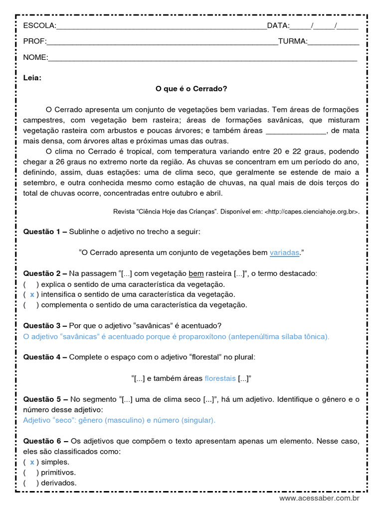 Atividade de Portugues Adjetivos 7o Ano Respostas | PDF