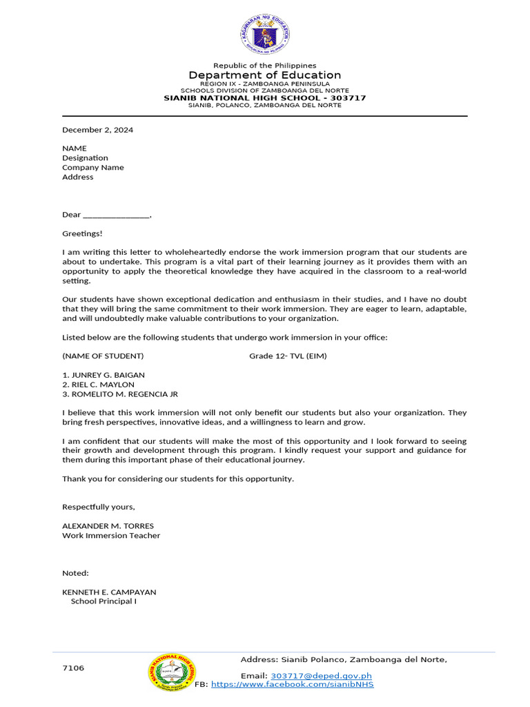 Endorsement for Student Work Immersion | PDF