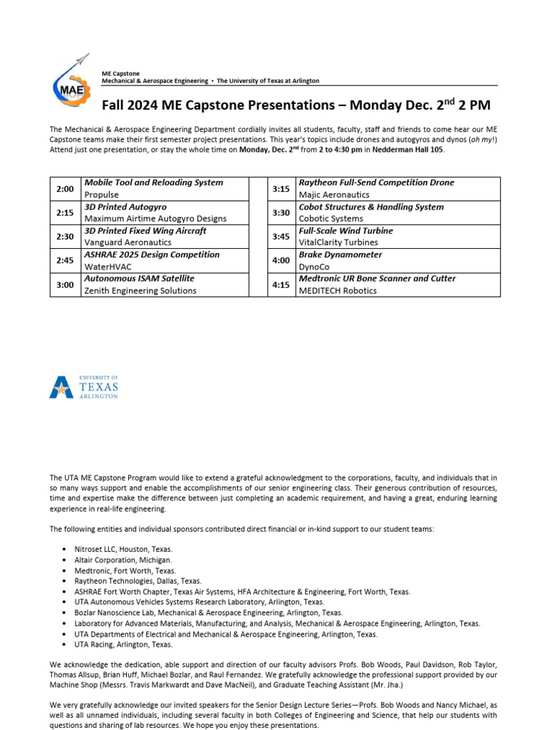 2024 Fall ME Capstone Presentations | PDF | Engineering | Aerospace