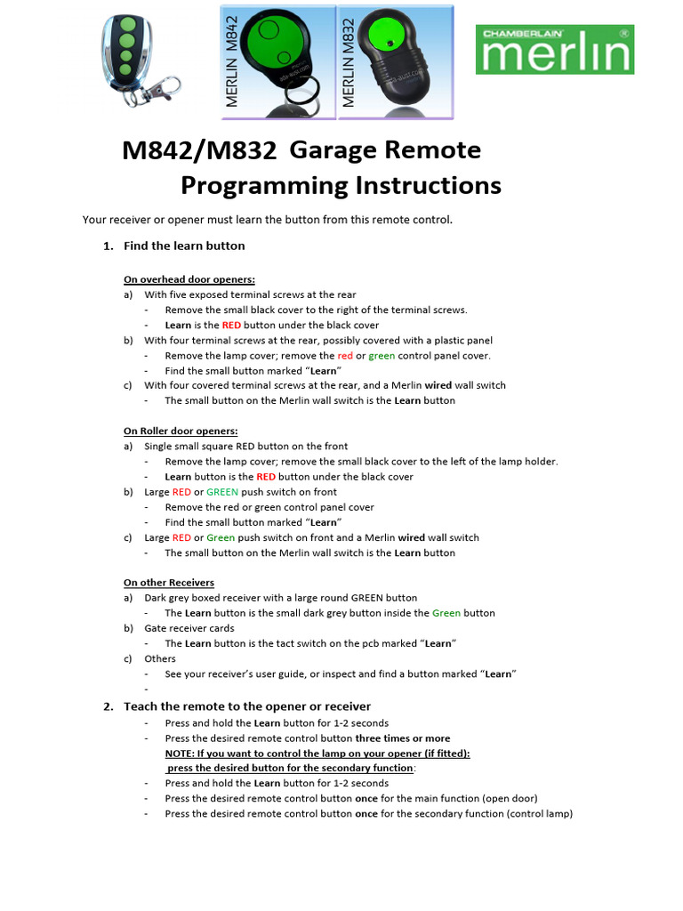 Merlin Garage Door Remote Setup Guide | PDF